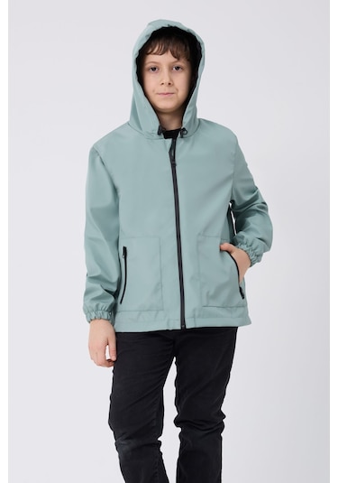 Erkek Çocuk Mint Yeşili İçi Astarlı Su Ve Rüzgar Geçirmez Kapüşonlu Çift Fermuarlı Cepli Mont Mint Yeşili
