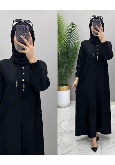 Kadın Siyah Karin Aerobin Kumaş Yarım Ön Düğmeli Püskül Bağcık Kuşaklı Tesettür Elbise Siyah