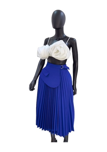 Kadınlar İçin Pileli Etekli Yüksek Bel Düzensiz Bağcıklı A Kesim Etek Mavi