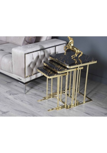 Zigon Sehpa & Yan Sehpa 3'lü Kare Sehpa Hıgh Gloos Mdf Siyah Gold İşleme