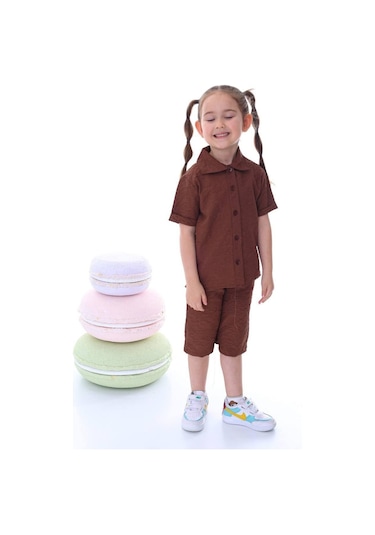 Kız Çocuk Desenli Gömlekli Takım-6369-Kahverengi