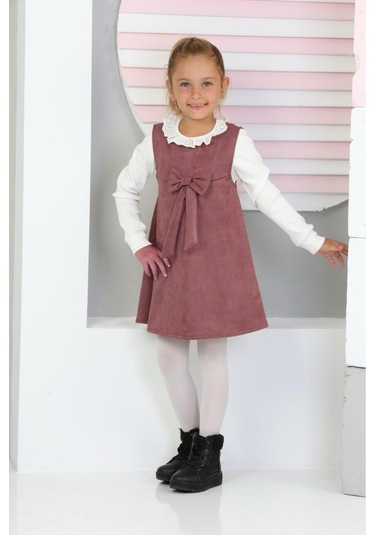 Kız Çocuk Süet Kumaş 2'li Elbise Elbise+bady Bluz 12177 Gülkurusu