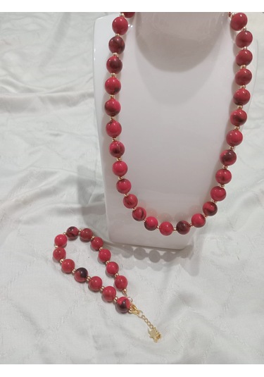 Kırmızı Yuvarlak Kolye Ve Bileklik Takımı Kırmızı