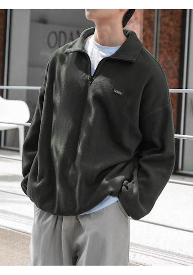 Genıus Store Erkek Polar Oversize Sweatshirt Polar Sweatshirt Haki