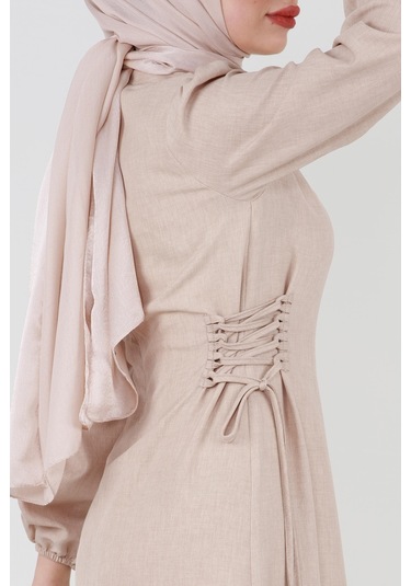 Yanı Bağcıklı Keten Elbise-bej-3366-kahverengi Kahverengi