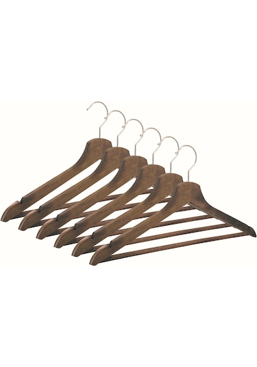 Nyn Ahşap Askı M-002 Barlı Elbise Pantolon Askısı Ceviz Renk 6 Adet Kahverengi