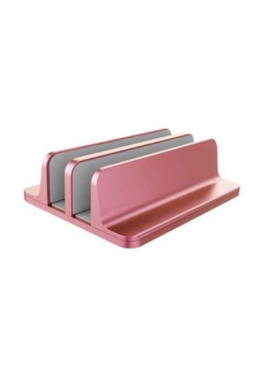 Pembe Renkli Ayarlanabilir Çift Slotlu Dikey Dizüstü Bilgisayar Standı - Masada Yer Tasarrufu Ve Düzen İçin Alüminyum Taban