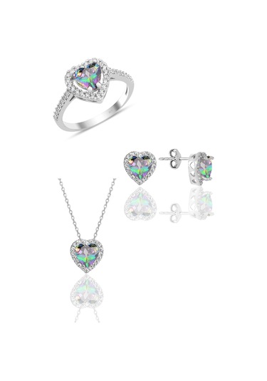 Gümüş Rodyumlu Mistik Taşlı Pırlanta Montürlü Kalp Modeli Üçlü Set Barcode Beyaz