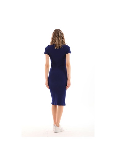 Lacivert Kısa Kollu Diz Altı Fitilli Esnek Kalem Elbise - 115 Cm