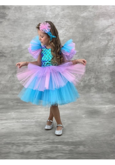 Kız Çocuk Tütü Etekli Deniz Kızı Elbisesi Mavi 2102 Mavi