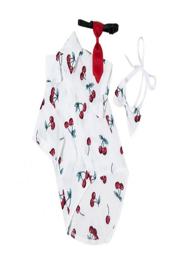 Patici Misss Kiraz Desen Kedi Köpek Yazlık Gömlek Papyon Kravat Üçlü Takım XL