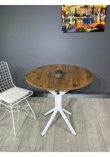 Saray Ceviz Beyaz Yuvarlak Mutfak Masası Yemek Masası Balkon Masası Metal Beyaz Ayak 80 Cm