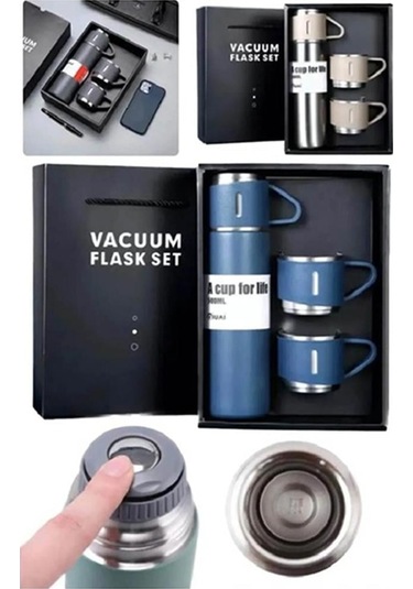 Kişiselleştirilebilir 3 Bardaklı Çelik Termos 05 Lt Mavi Mavi