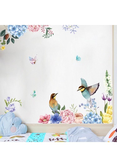 Geeksen Renkli Pvc Kuş Ve Çiçek Desenli Duvar Sticker - Ev Dekorasyonu, Kusurlu Duvarları Gizle, Kolay Uygulama 94x110cm Çok Renkli