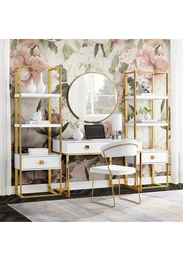 Rihanna Gold Metal Beyaz Kitaplık & Raf