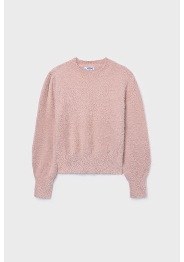 Kız Çocuk Balon Kol Yumuşak Dokulu Triko Kazak - Pudra Pembe Mavi