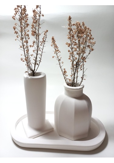 Tabaklı Dekoratif İkili Vazo Set Beyaz Beyaz