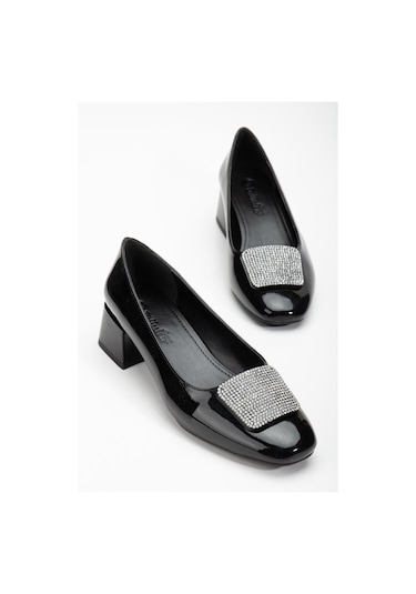 Büyük Numara Rugan Kare Taşlı Siyah Kadın Kısa Topuklu Ayakkabı-3147-sıyah Siyah