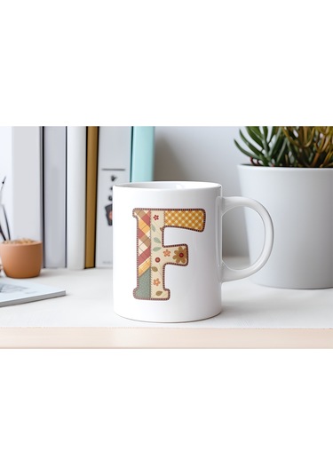 F Harfi Sonbahar Kış Temalı Yamalı Tasarım Kupa Bardak - Etnik Ve Pathwork Severlere Özel Hediye Beyaz