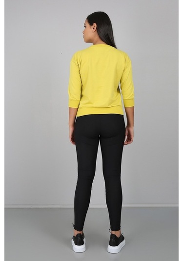 Baskılı Kanguru Cepli Yarım Kollu Sweatshirt Sarı