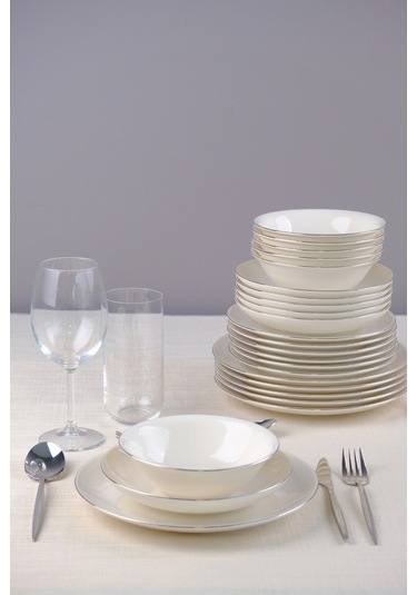 Tabak Evi Chic Platin Porselen Yemek Takımı 24 Parça 6 Kişilik Beyaz - Gümüş