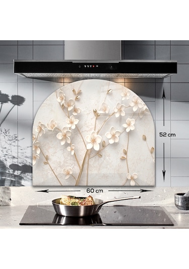 Decorita Cam Ocak Arkası Koruyucu|Oval Şekilli|Beyaz Çiçek-Gold