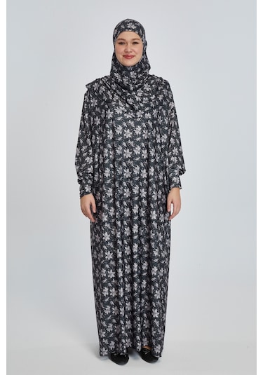 Pratik Tek Parça Manolya Desenli Namaz Elbisesi Koyu Siyah