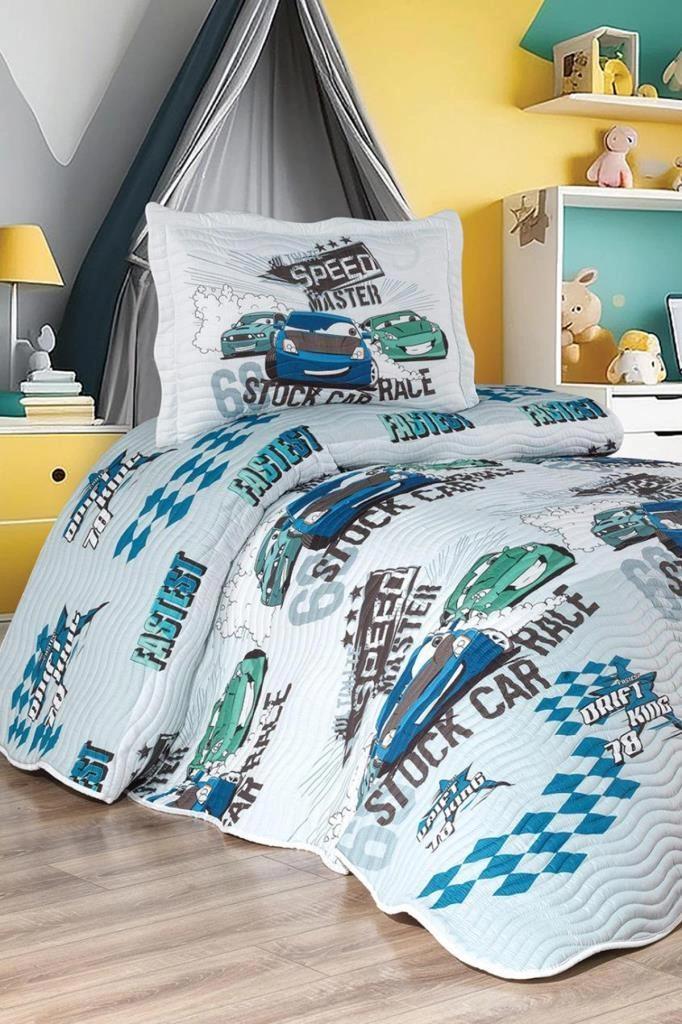 Oto Show Baskılı Kapitoneli Tek Kişilik Yatak Örtüsü Mavi Mavi