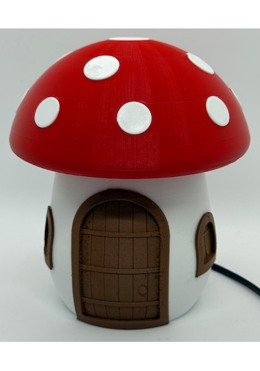 Cevizdizayn Abajur Mantar Şirin Peri Evi Gece Lambası Masa Lambas Beyaz - Kırmızı