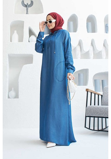 Neways 6643 Kapüşonlu Tesettür Elbise Koyu Mavi