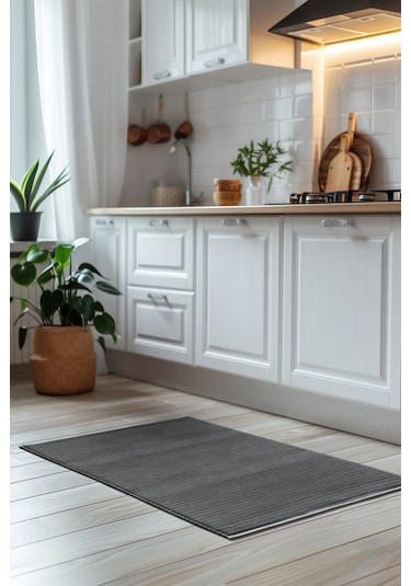 Lidya Antrasit Pamuk Dokuma Yumuşak Halı Kaymaz Tabanlı, Yıkanabilen Modern Tasarımlı Kilim Antrasit