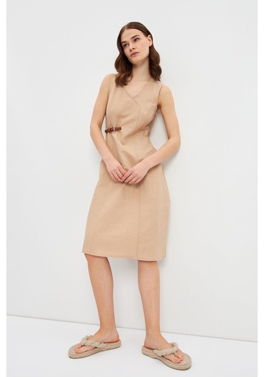 Stella Pulvis Bej Biyeli Kemer Detaylı Keten Midi Elbise