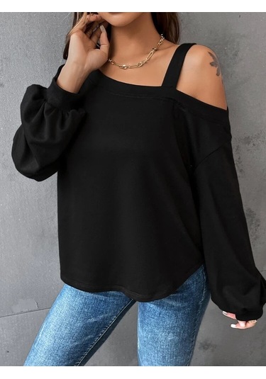 Kadın Uzun Kollu Tek Omuz Askı Detay Salaş Viskon Iki Iplik Bluz Bediva 001