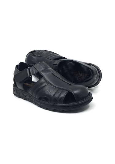 Taşpınar 302 %100 Hakiki Deri Ortopedik Erkek Yazlık Rahat Terlik Sandalet 40-45 Siyah