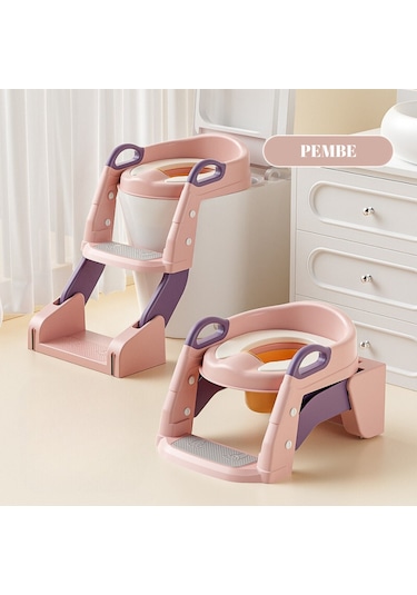 Çocuk Tuvalet Eğitimi Katlanır Klozet Adaptörü ve Lazımlık Pembe