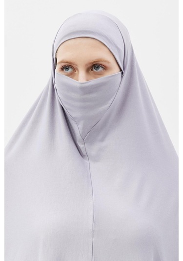 Kollu Sufle Çarşaf Üstü Peçeli Pratik Tesettür Hijab - Nikaplı Namaz Örtüsü Gri