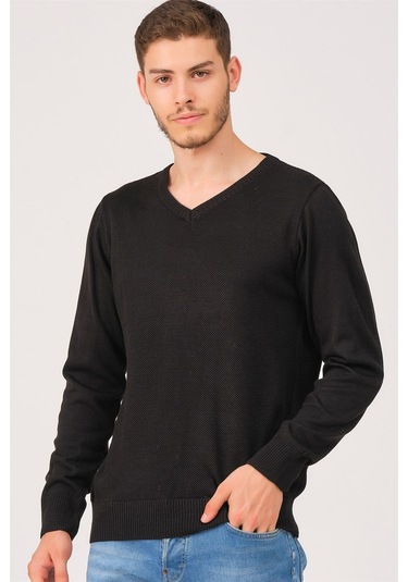 V0002 Dewberry Erkek V Yaka Kazak-siyah Siyah