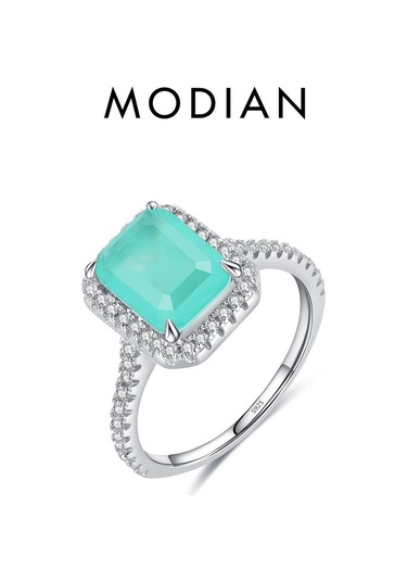 Mavi Modıan 925 Ayar Gümüş Lüks Dikdörtgen Zümrüt Kesim Köpüklü Yüzük Platin Kaplama Kadınlar Için Düğün Bildirimi Takı Hediye 5