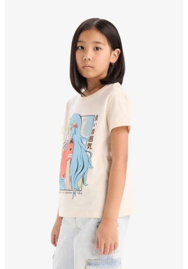 DeFacto Kız Çocuk Bisiklet Yaka Anime Baskılı Kısa Kollu Tişört E0350A825SMER233 Ekru