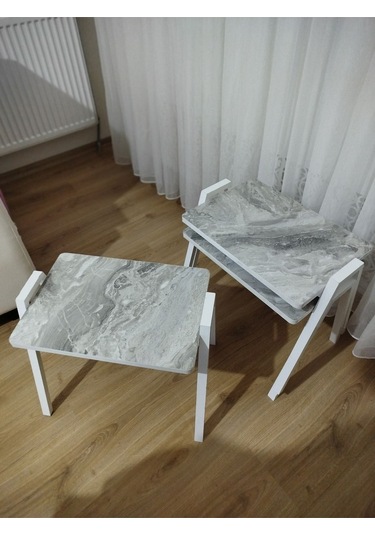 Zigon Sehpa 3'lü Mermer Desenli Tepsi Model Gri Mermer Desen Beyaz Ayak Gri Mermer