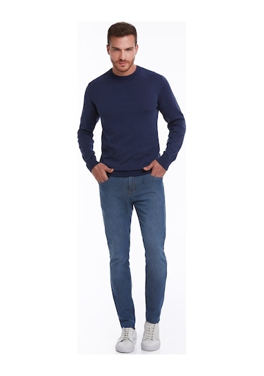 Hatemoğlu Erkek Regular Fit Pamuk Bisiklet Yaka Triko Kazak İndigo