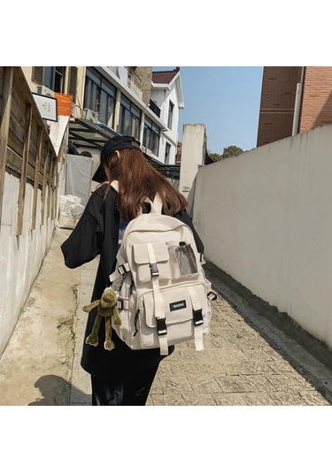 White Çoklu Cep Sırt Çantası Erkekler Kanvas Ekleme Toka Beyaz