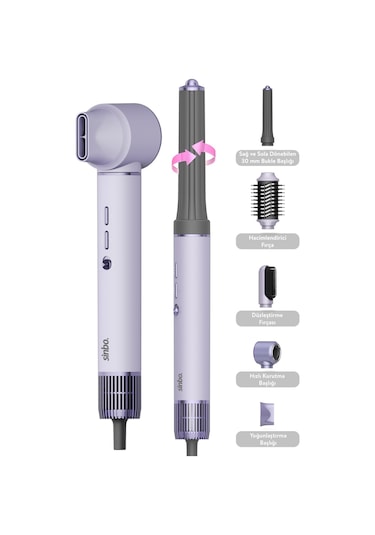 Sinbo SHD-1719 Pro Airwrap Compact Uzun Multi-styler Hava Üfleme 5in1 Saç Şekillendirici Bldc Motor Mor