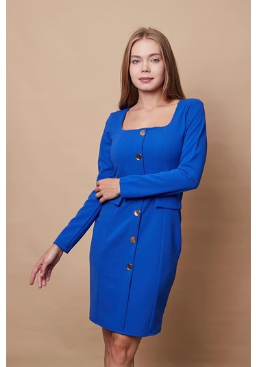 Kadın Likralı Krep Kumaş Kare Yaka Uzun Kol Önü Düğmeli Ofis Ceket Elbise-sax Sax