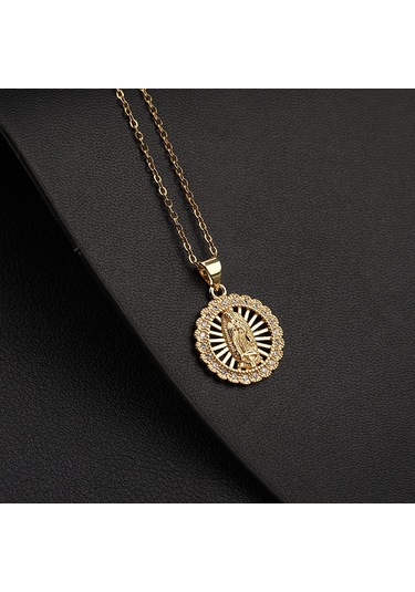 Dini Bakır Mikro Mıhlanmış Renkli Zirkon Taşlı Pandantif, Kadın Takısı, Katolik Meryem Ana Kolyesi H. Altın