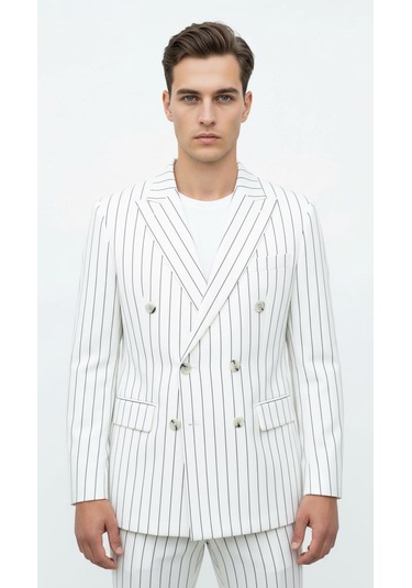 Plus Scorpion Beyaz Çizgili Erkek Kruvaze Blazer Ceket İtalyan Kesim, Modern Ve Zarif Şıklık Beyaz