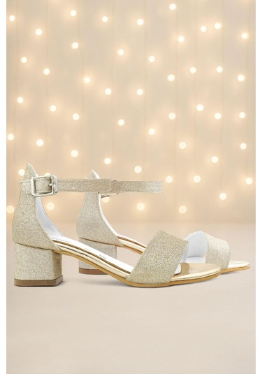 Lilo Simli Altın Tek Bantlı Kız Çocuk Topuklu Abiye Ayakkabı Altın