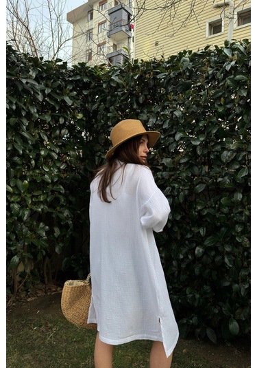 Kadın Beyaz Müslin Kumaş, Hasır Şerit Detaylı Salaş Kimono Ceket Beyaz