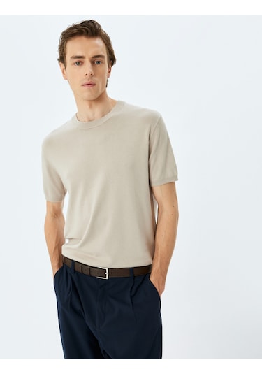 Koton Regular Fit Bisiklet Yaka Viskon Basic Kısa Kollu Triko Tişört Bej 5sam70022ht Ekru