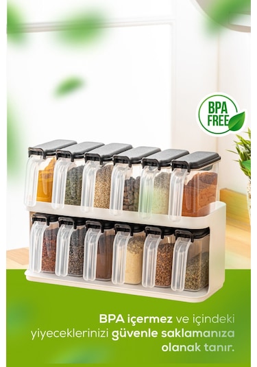 Vienev 12'li Beyaz Standlı Kaşıklı Etiketli Kendinden Yapışkanlı Baharatlık Seti Beyaz Beyaz